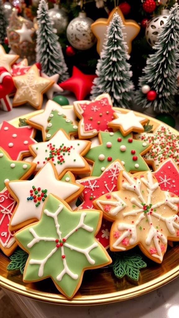 A variety of decorated Christmas cookies in festive shapes on a decorative platter.